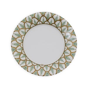 The Caspari Deco Christmas Gold Collection is a round white decorative paper plate featuring a gold and green geometric and leaf border—perfect for elevating your disposable tableware or paper dinnerware collection.