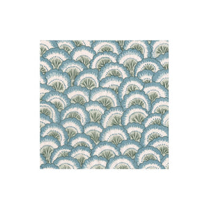The Pontchartrain Scallop Collection by Caspari features eco-friendly, triple-ply napkins with a dense scalloped pattern of overlapping fan-shaped leaves in blue, green, and white.