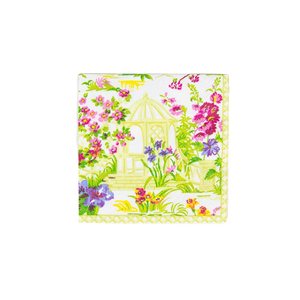 From the Caspari Wedding Gazebo Collection, this square triple-ply napkin features a floral pattern with pink, purple, and yellow flowers and a gazebo illustration at the center.