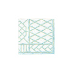 The Bamboo Screen Collection by Caspari features square white tiles with raised geometric patterns in light blue and yellow—an eco-friendly design inspired by biodegradable materials.