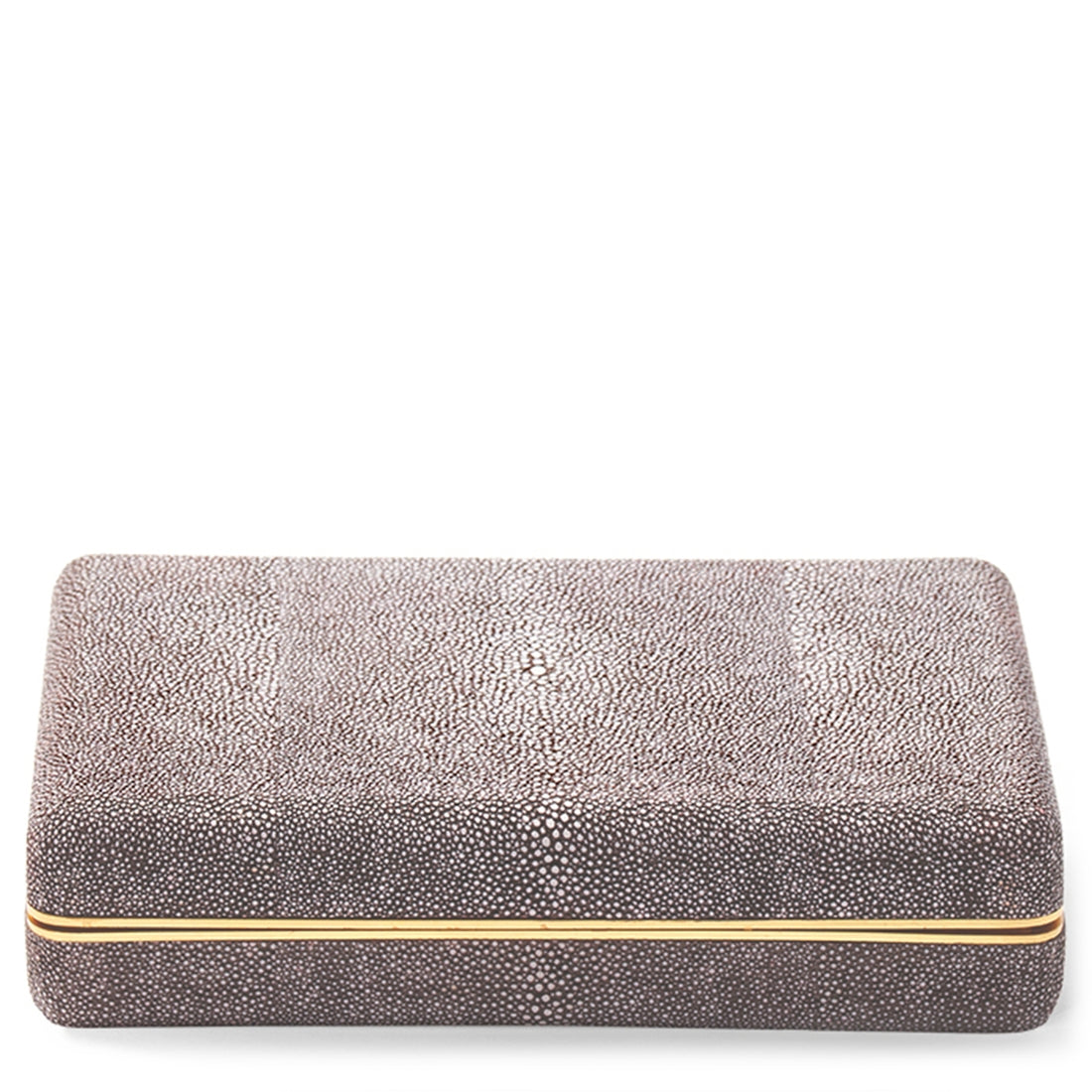 The Aerin Chocolate Shagreen Card Set features a rectangular, textured grey shagreen case with gold trim and brass edging, shown closed from the front on a white background.