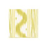A square fabric swatch from Caspari’s Toile de Nantes Collection, featuring a yellow and white abstract striped, ikat-inspired design—perfect for eco-friendly biodegradable napkin ideas—displayed on a white background.