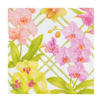 The Orchid Conservatory Collection by Caspari features pink, yellow, and purple orchids with green leaves on a white lattice background—ideal for elegant table settings or stylish party supplies.