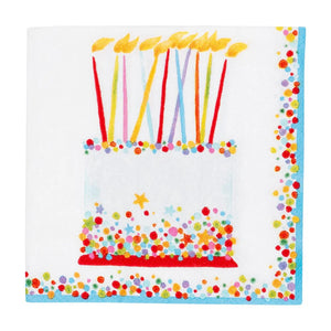 Caspari's Birthday Cake Collection napkins feature a vibrant birthday cake with tall candles and confetti accents, adding a festive touch to your party supplies or table settings.