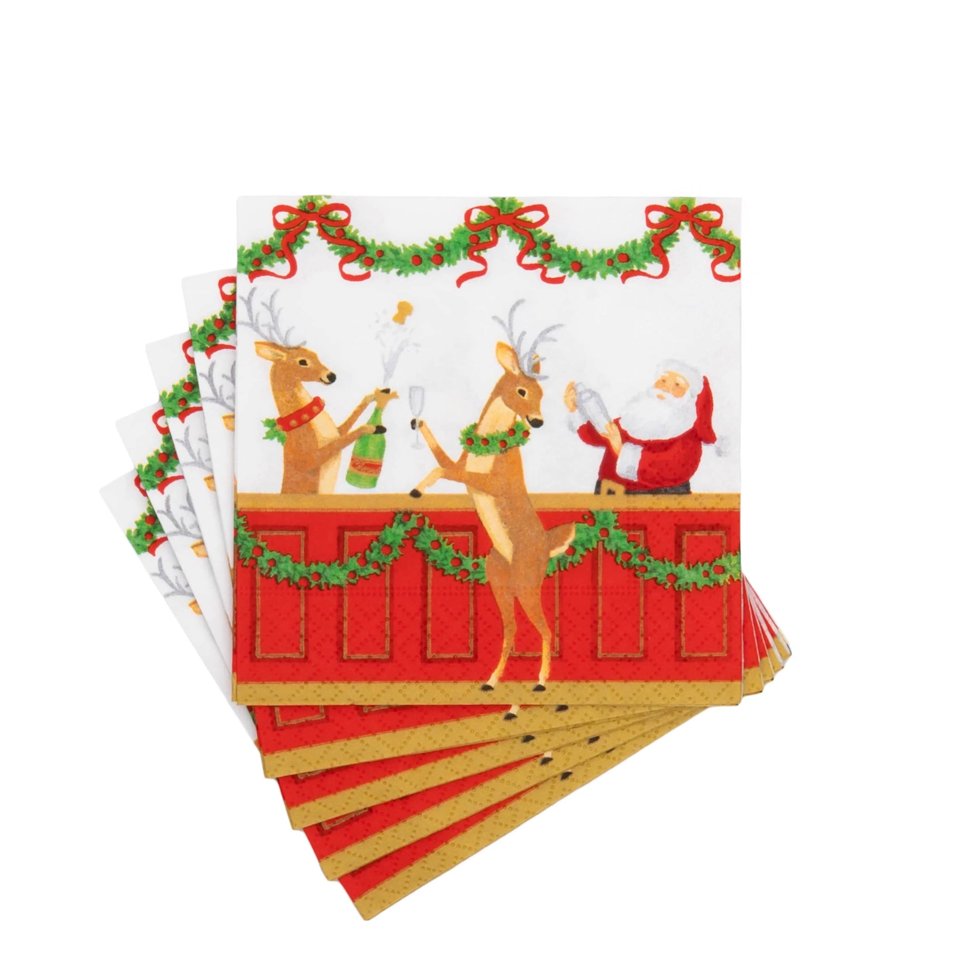 The Caspari Santa's Bar Cocktail Napkin features Santa and two reindeer celebrating behind a festive bar—fun, spirited party supplies that add holiday cheer to your table settings.