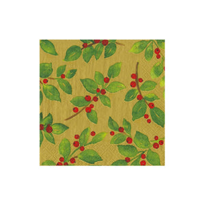 The Caspari Painted Holly Gold Collection features square paper napkins with a yellow background, green leaf and red berry pattern—ideal for table settings or charming party supplies.