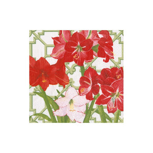 The Caspari Amaryllis Conservatory Collection paper napkin features red and light pink amaryllis flowers with green stems on a geometric background—ideal for party supplies or elegant table settings.