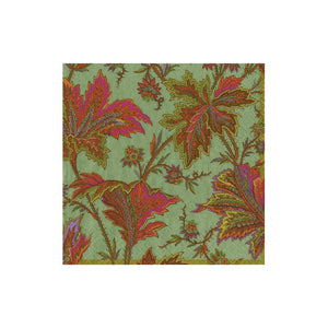 The Paisley Leaves Sage Green Collection napkin by Caspari features a green background with large decorative leaves and small red, purple, and yellow flowers—ideal for table settings or party supplies.