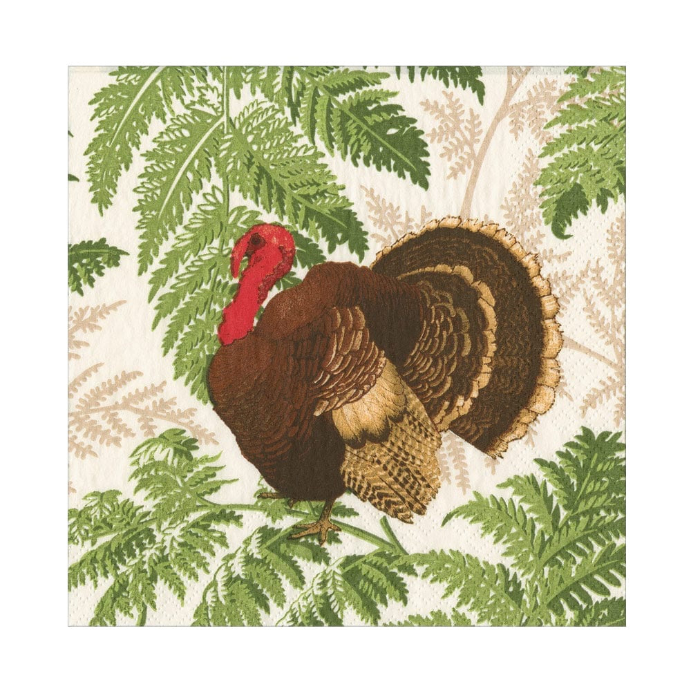 An illustration of a brown turkey with a red head amid green and beige fern leaves on white, featured in the Caspari Turkey Among Ferns Partyware Collection—ideal for Thanksgiving celebrations.