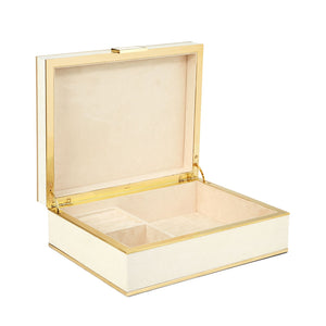 The Aerin Large Shagreen Jewelry Box is a rectangular, beige piece with elegant brass trim, an embossed shagreen finish, and a soft lined interior featuring divided compartments.