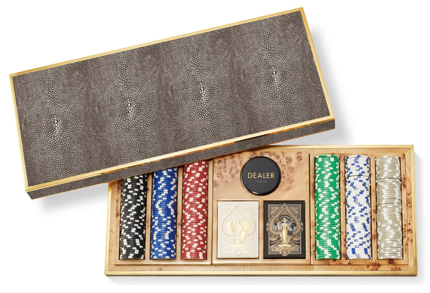 The Aerin Shagreen Poker Set in Chocolate features a textured shagreen case, colorful poker chips, two decks of cards, and a sleek black dealer chip.
