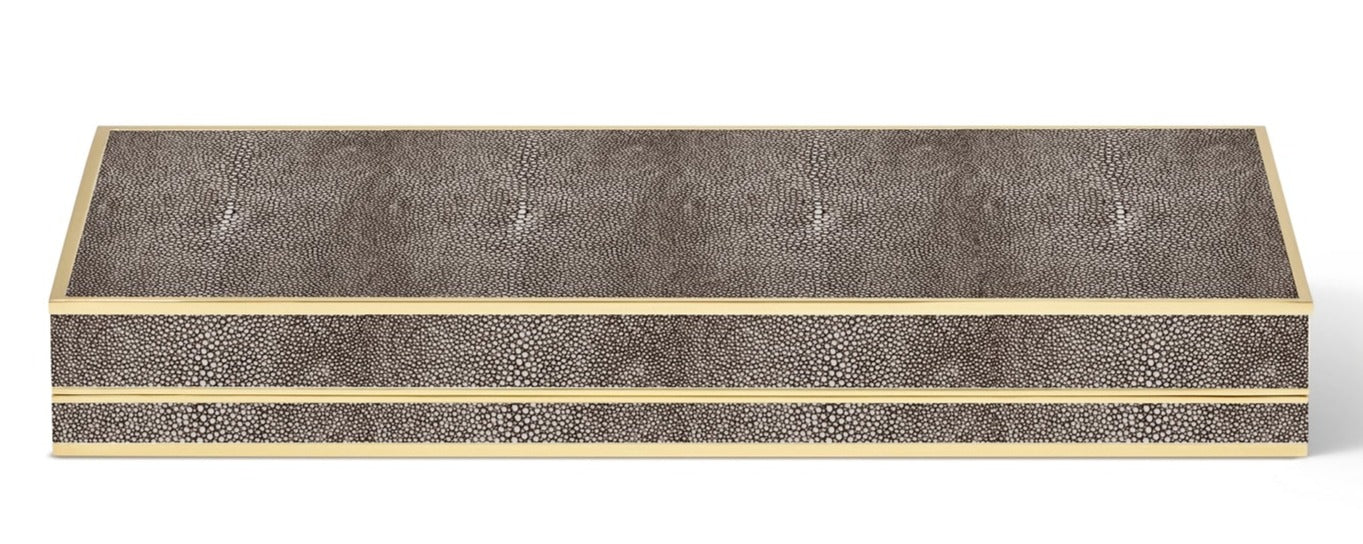 The Aerin Shagreen Poker Set in Chocolate features a textured case, gold borders, and a slanted front edge—perfect for organizing poker chips or stylishly displaying your set.