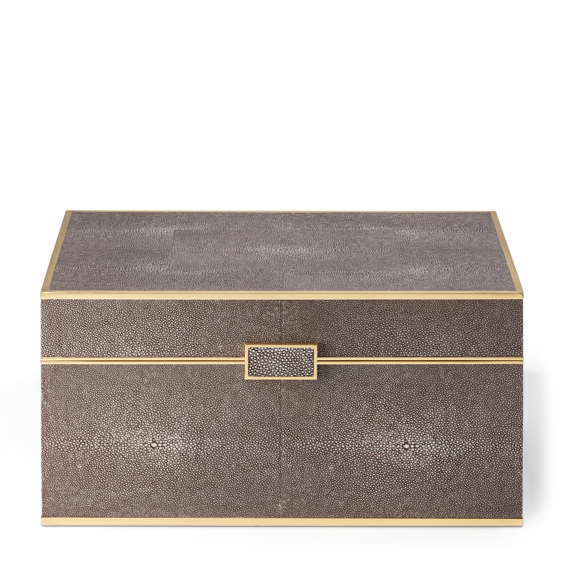 The Aerin Chocolate Classic Shagreen Bar Set features a rectangular, brown textured shagreen surface with gold trim and a rectangular gold handle, shown against a white background. Part of the elegant Aerin collection.