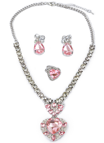 A glamorous, silver-toned Great Pretenders Marilyn Jewelry Set with pink gemstones, featuring a necklace and matching earrings inspired by Marilyn.
