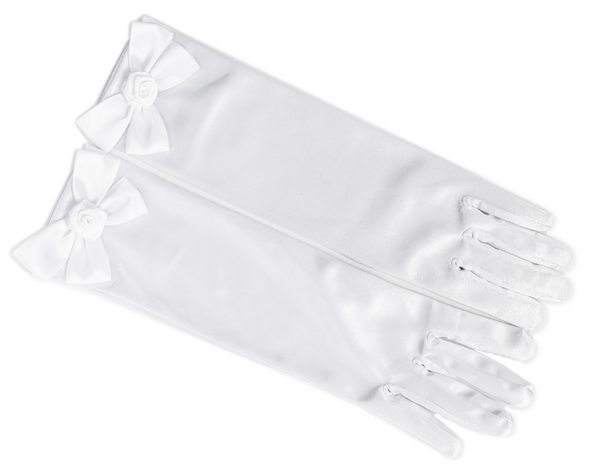 A pair of Great Pretenders White Princess Gloves with bows on them, perfect for a Queen or Princess costume.