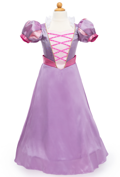 A children's princess costume from the Great Pretenders Boutique Princess Gown featuring puffed sleeves, a pink and white bodice with crisscross detailing, and a long purple hoop skirt, displayed on a mannequin.