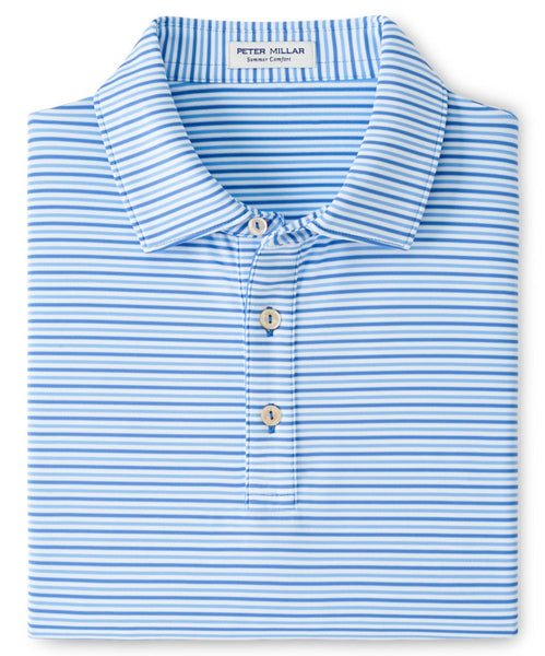 Blue and white striped Peter Millar Olson Performance Jersey Polo dress shirt with UPF 50+ sun protection, folded neatly.