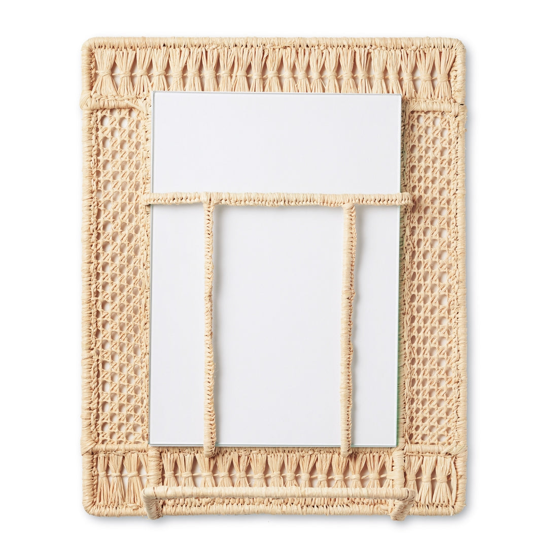 The Aerin Raffia Frame features a hand-woven rectangular raffia design with an organic pattern and holds two stacked rectangular mirrors in different sizes.