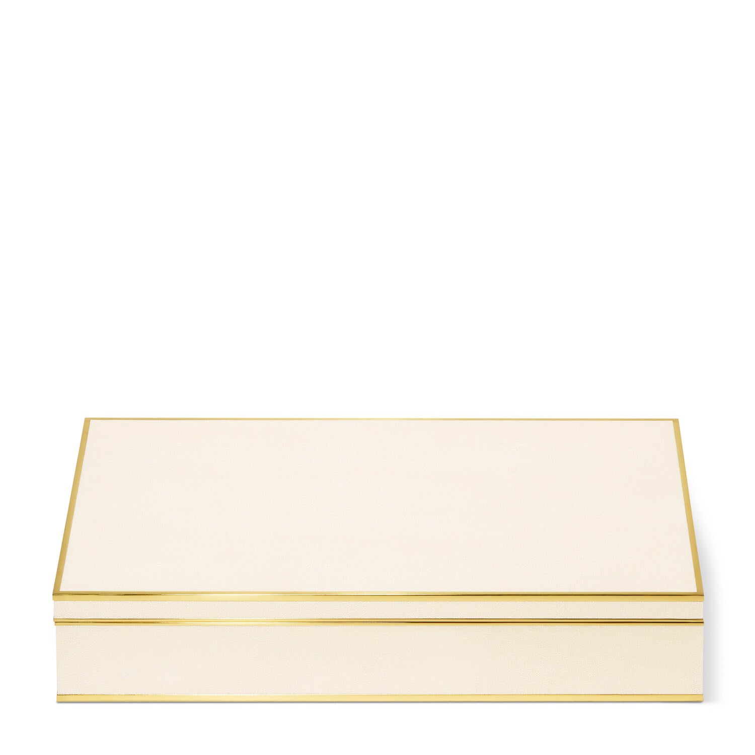 The Aerin Luxe Shagreen Mahjong Set in cream features a rectangular, cream-colored box with gold trim—perfect for storing vibrantly engraved tiles and adding a touch of luxury to your game nights.