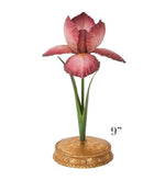 The Juliska Meadow Walk Iris Candle Holder from the Juliska brand is an elegant pink flower sculpture, resembling a graceful iris candlestick, standing on a gold base and measuring 9 inches tall.