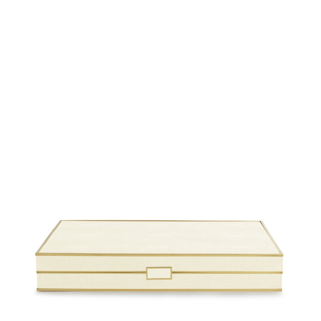 The Aerin Shagreen Backgammon Set in cream features a rectangular box with a shagreen finish, gold trim, and clasp—an elegant accessory perfect for elevating any luxurious board game collection.
