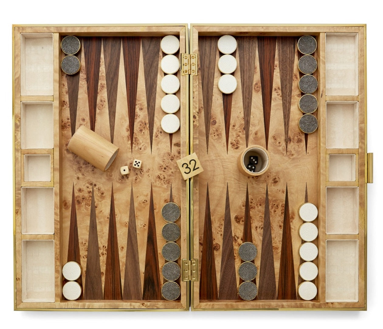 The Aerin Shagreen Backgammon Set in Chocolate features a luxurious shagreen finish, black and white checkers ready for play, dice, a 32 doubling cube, and a dice cup—ideal for classic board game enthusiasts.
