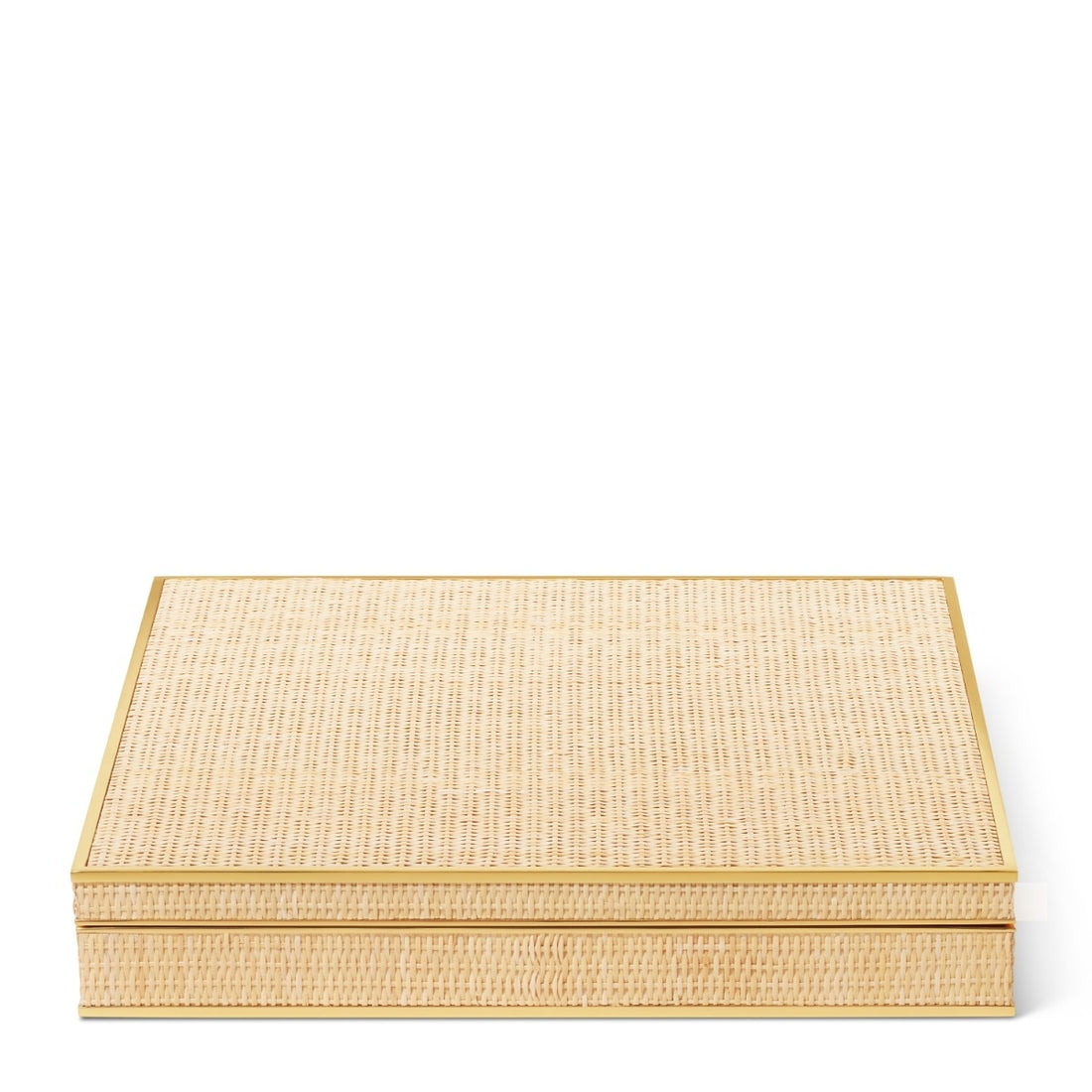 The Aerin Colette Cane Chess Set features a rectangular beige woven case with a flat lid and gold trim, ideal for storing chess pieces in style.