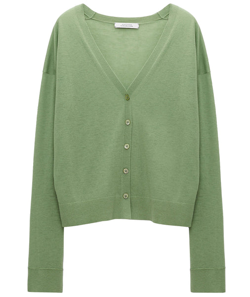 A green V-neck Dorothee Schumacher Delicate Statements Cardigan sweater with buttons made of Merino wool.
