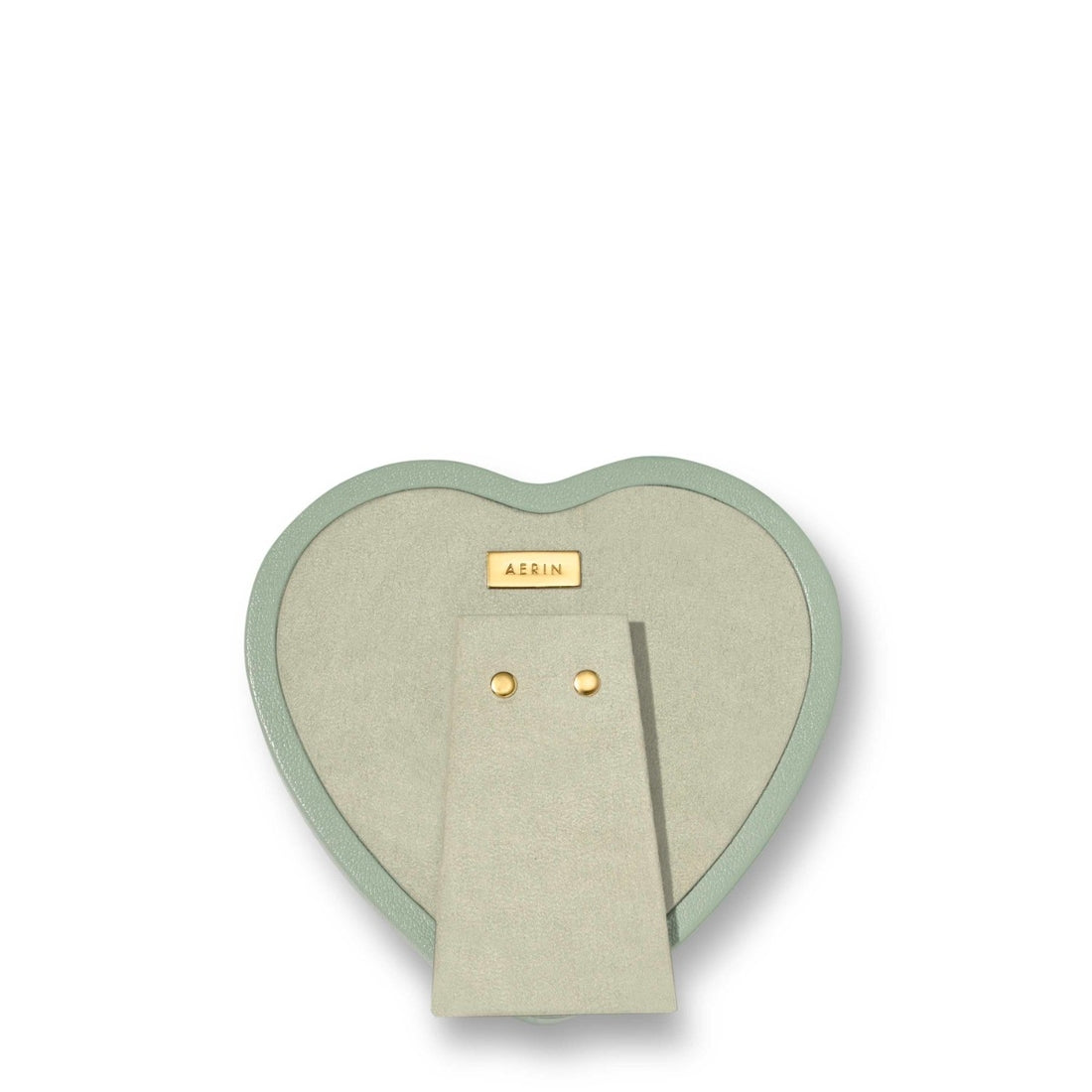 The Eucalyptus Piero Leather Heart Frame by Aerin features Italian sage green leather, gold accents, a stand, and a gold nameplate labeled "AERIN," shown from the back against a plain white background.