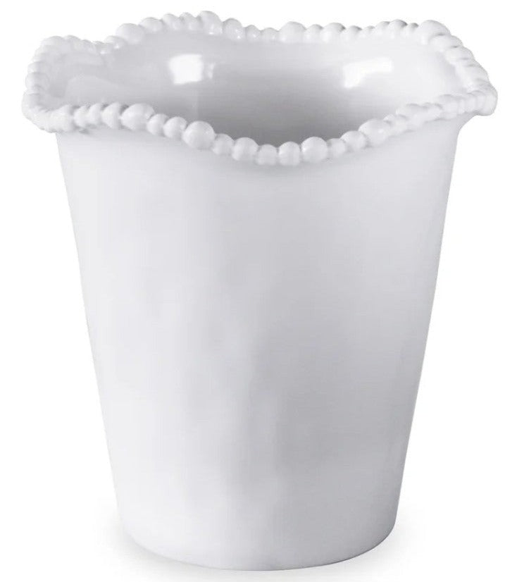 The Vida Alegria Melamine Utensil Holder by Beatriz Ball features a white finish, wavy scalloped rim, and raised bead detail—perfect as a stylish kitchen accessory or decorative accent inspired by luxury melamine design.