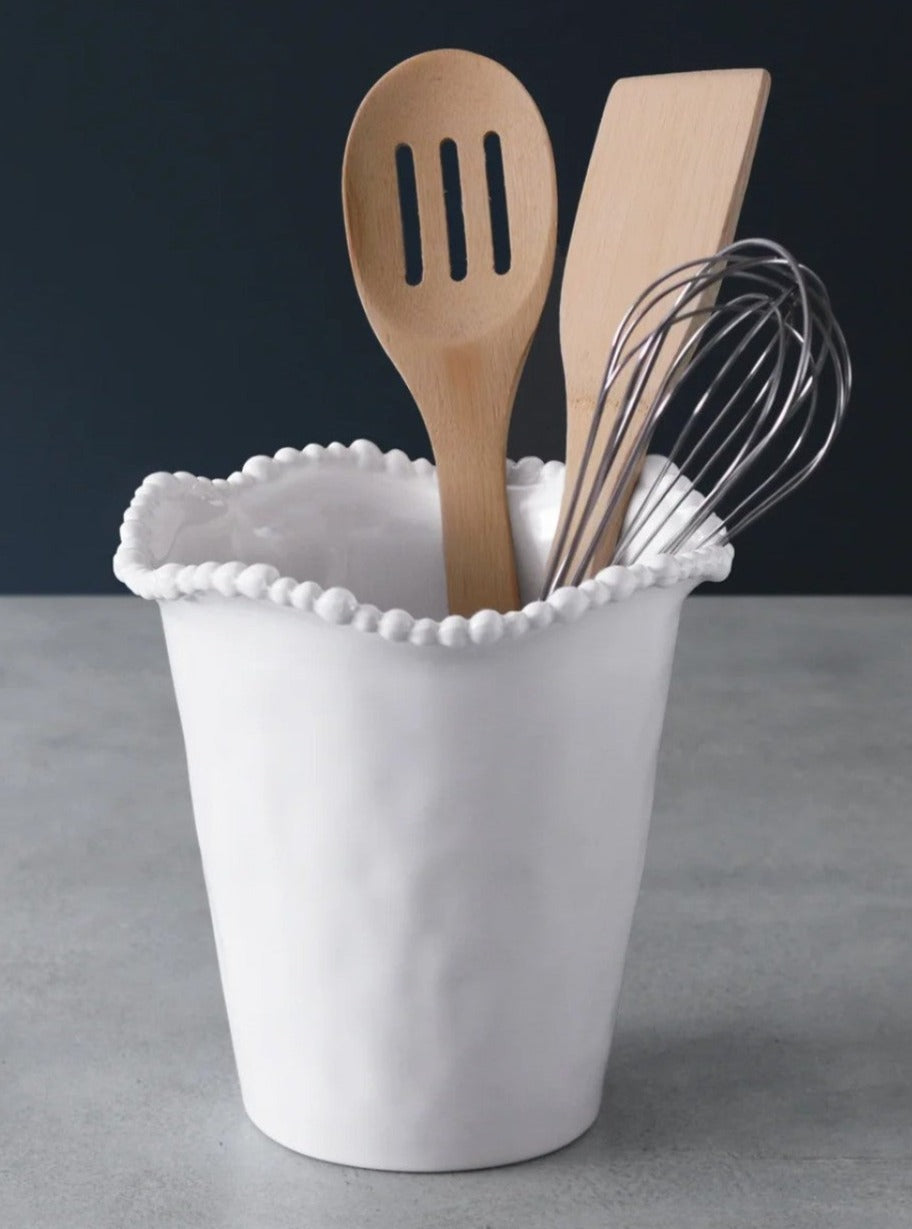 The Beatriz Ball Vida Alegria Melamine Utensil Holder holds a wooden spoon, spatula, and metal whisk on a gray surface—perfect for adding stylish flair to your countertop.
