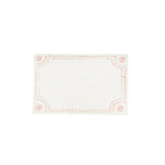 The Juliska Berry & Thread Place Cards are rectangular and white, featuring a decorative pink border and four floral corner accents inspired by the classic Berry & Thread motif.
