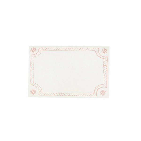 The Juliska Berry & Thread Place Cards are rectangular and white, featuring a decorative pink border and four floral corner accents inspired by the classic Berry & Thread motif.