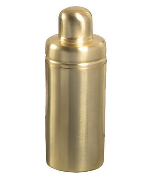 The Luxe Verona Cocktail Shaker by Be Home, crafted in gold-toned metal with a rounded cap, stands upright against a white background—ideal for elevating any cocktail event.