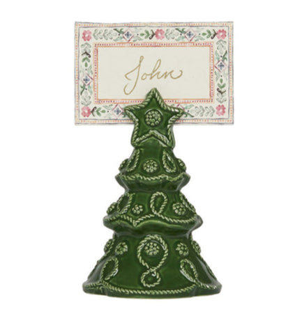 The Juliska Berry & Thread Basil Tree Place Card Holder Set holds a name card reading "John" in cursive, adding festive charm and signature style to your holiday table.