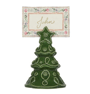 The Juliska Berry & Thread Basil Tree Place Card Holder Set holds a name card reading "John" in cursive, adding festive charm and signature style to your holiday table.