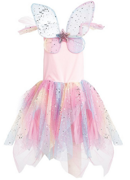 A girl's Great Pretenders Rainbow Fairy Princess Dress with pink and blue sequined detailing wings.
