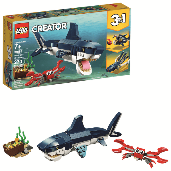 Toyhouse Legos - Creator Deep Sea Creatures set with shark, crab, and treasure models displayed beside the packaging.