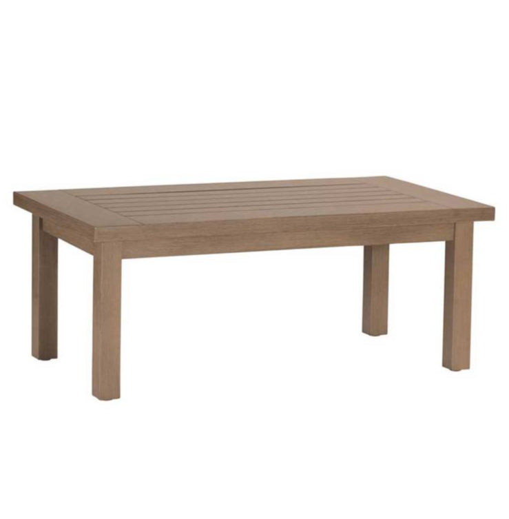 The Summer Classics Club Coffee Table features a rectangular wooden design with a slatted top and four sturdy legs, ideal for outdoor gatherings or pairing with a wrought aluminum coffee table.