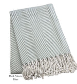 A folded light blue and white throw from the Nantucket Herringbone Throw Collection by A Soft Idea, featuring hand knotted fringe, labeled "Pool Shore Blue.