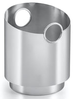 The St. James Ring Round Champagne Cooler is a modern, stainless steel cylindrical piece with an angled top and two circular cut-out handles—ideal as a statement luxury decor item.