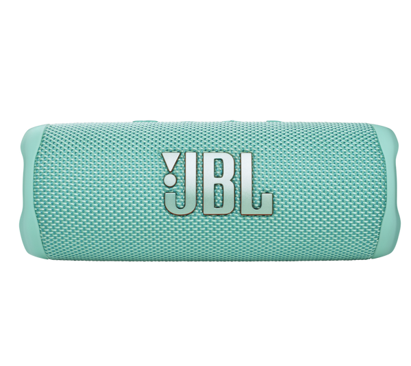 A turquoise JBL Flip 6 Waterproof Bluetooth Speaker viewed from the front on a dark background.