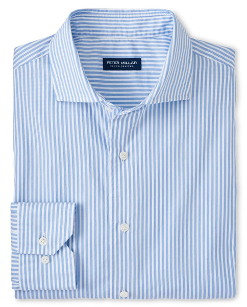 Blue and white striped Peter Millar Brookhaven Cotton Sport Shirt folded neatly.