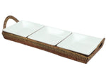 The Calaisio Condiment Tray Collection features a rectangular woven tray with a handle that holds three square porcelain whiteware bowls in a row.