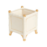 Presenting the Bamboo Cachepot Collection by Abigails: A sophisticated square cachepot in white with elegant gold accents on the corners and feet, showcasing a subtle bamboo pattern. Made in Portugal.
