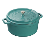 The Staub Cast Iron Dutch Oven Collection features a teal enameled Dutch oven with a lid, side handles, and a silver knob—perfect for slow-cooking.