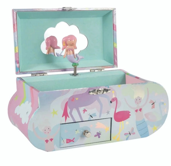 Floss & Rock Children's jewelry box with a spinning dancing mermaid and a whimsical animal design.