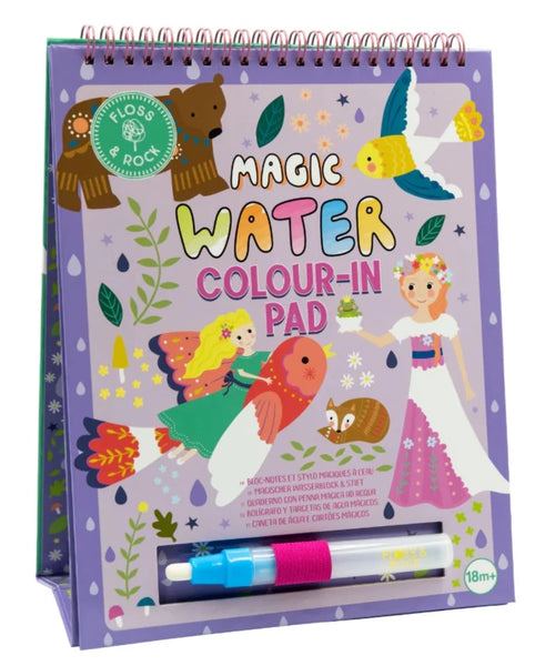 A colorful children's "Floss & Rock Water Easel Pad, Fairy Tale" with illustrations of animals, fairies, and plants, featuring a no mess water brush pen.
