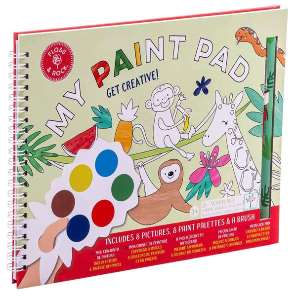 A Floss & Rock My Painting Pad, Jungle with illustrations of animals and included pineapple-shaped paint palettes.