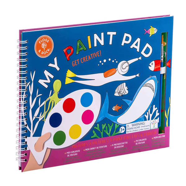 A colorful eco-friendly paint pad book for children titled "Floss & Rock My Painting Pad, Deep Sea" with a spiral binding and a cover featuring artistic elements and a palette with paints.